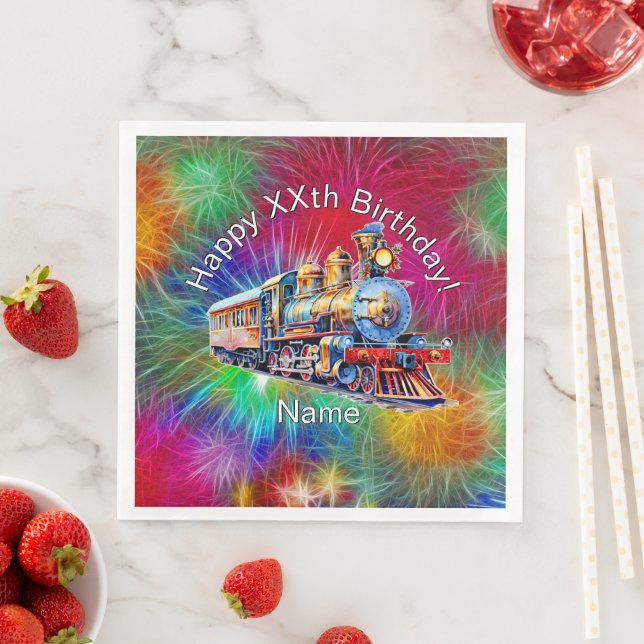 Add Name Age, Steam Train Birthday Party        Paper Dinner Napkins (Insitu)