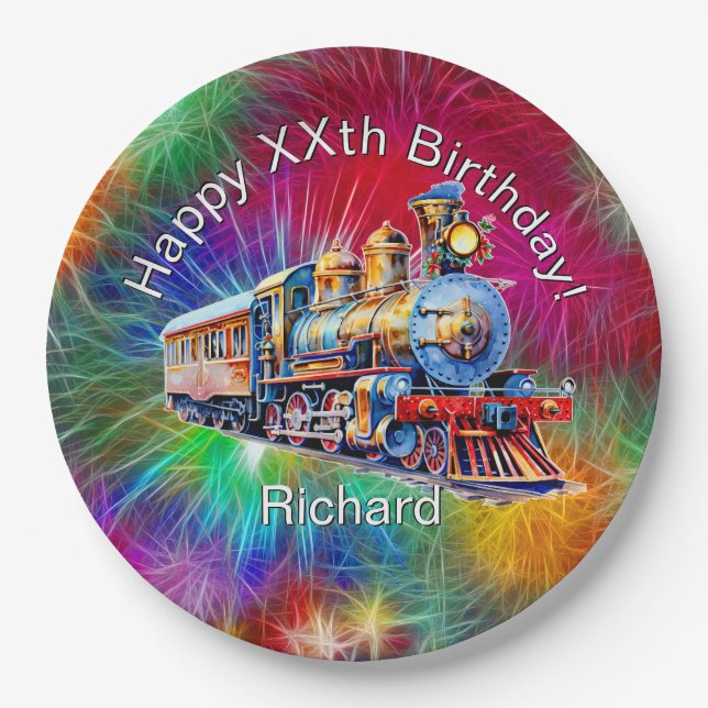 Add Name Age, Steam Train Birthday Party        Paper Plates (Front)