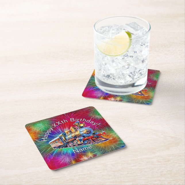 Add Name Age, Steam Train Birthday Party        Square Paper Coaster (Insitu)