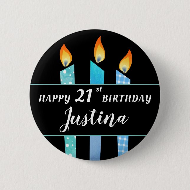 Add Name and Age Blue Candles Happy Birthday Gift Button (Front)