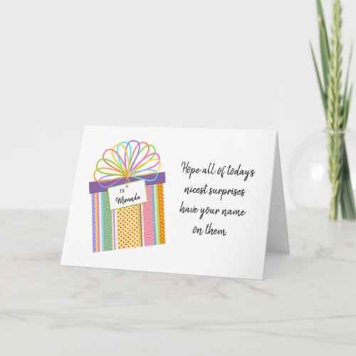 Add Name and Age Fun Gift Bow Multi Color Birthday Card