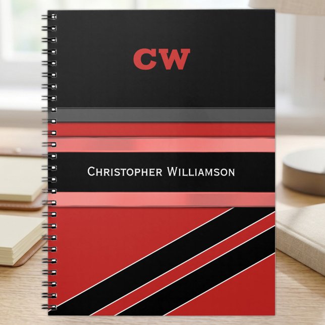 Add name and initials red black office notebook (Creator Uploaded)
