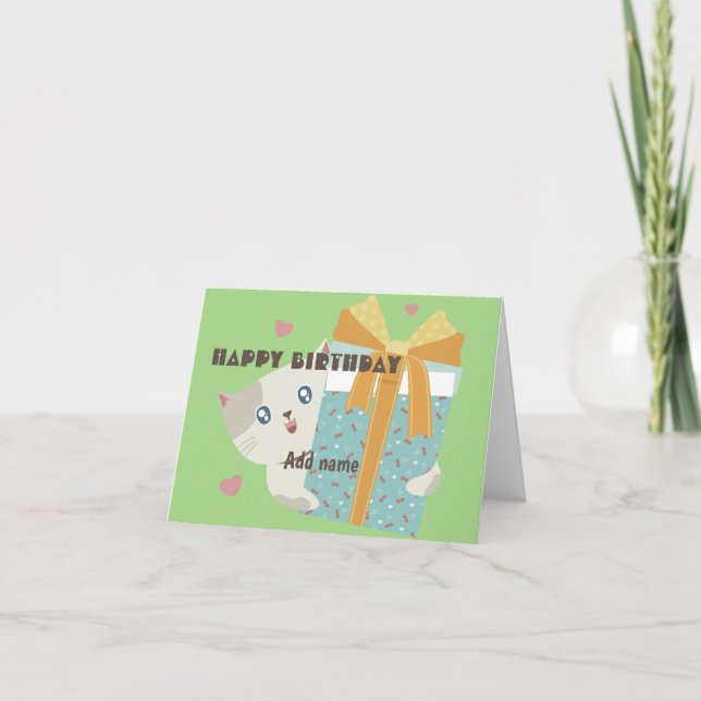 Add name and photo vintage cat happy birthday card (Front)