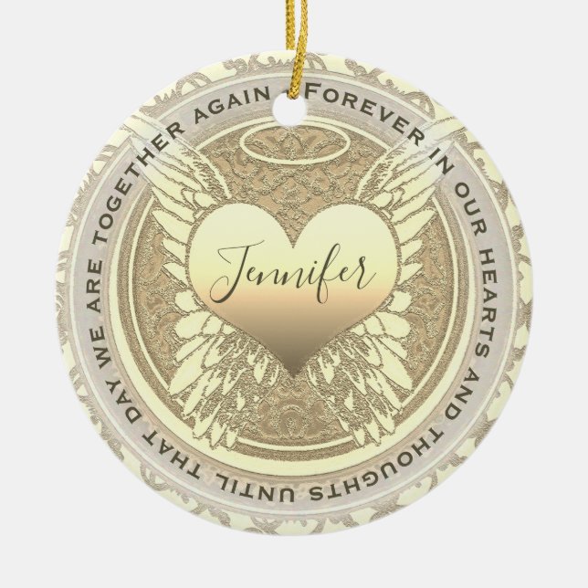 Add Name Angel Wings and Heart Memorial Ceramic Ornament (Front)