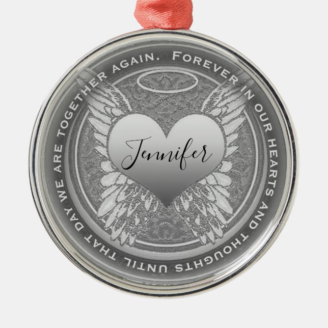 Add Name Angel Wings and Heart Memorial Metal Ornament (Front)