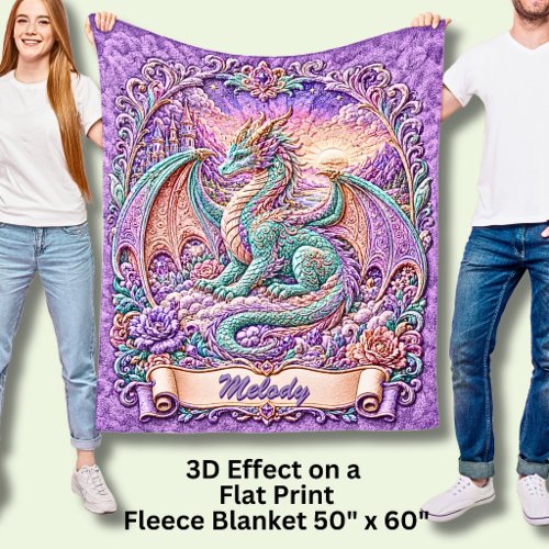 Add Name Aqua Purple Sunrise Fantasy Dragon  Fleece Blanket
