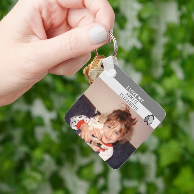 Add name auntie double sided leaves grey keychain (Hand)