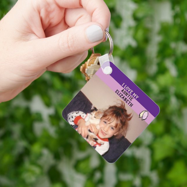 Add name auntie double sided leaves purple keychain (Hand)