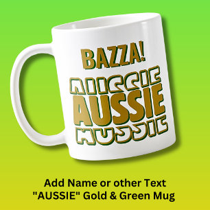 Add Name, AUSSIE AUSSIE, Gold & Green Typography   Coffee Mug