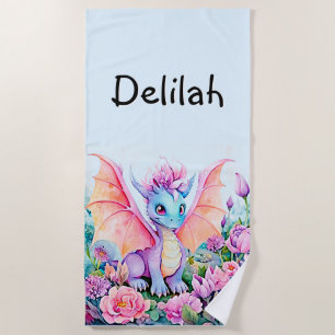 Add Name - Baby Dragon Wings & Flowers on Blue Beach Towel