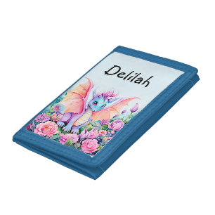 Add Name - Baby Dragon Wings & Flowers on Blue Tri-fold Wallet