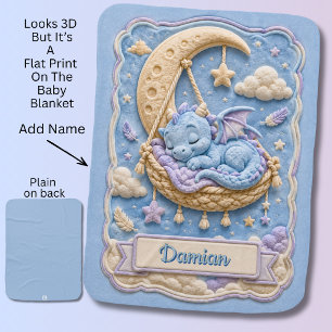 Add Name Baby Dragon with Moon Blue Baby Blanket