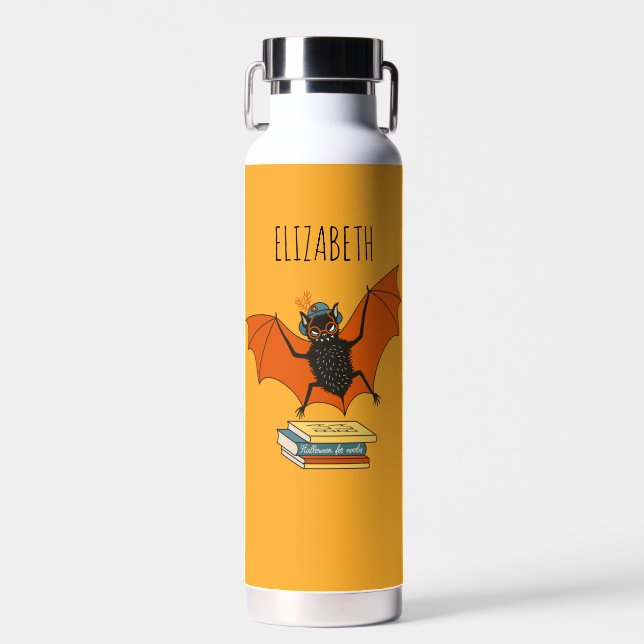 Add Name Bat Librarian with Books - Reading Lover Water Bottle (Front)