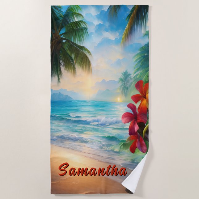 Add Name, Beach Scene with Red Flowers  Beach Towel (Front)