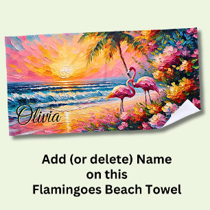 Add Name Beach Sunset Flamingoes Tropical Flowers Towel