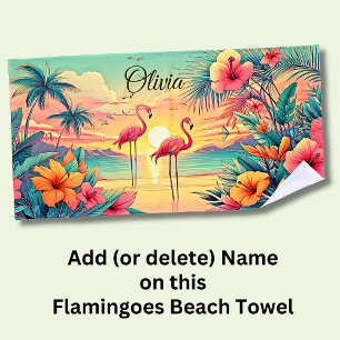 Add Name Beach Sunset Flamingoes Tropical Flowers Towel