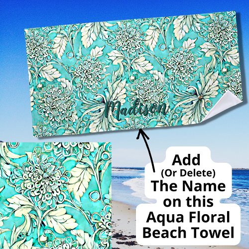 Add Name Beautiful Lacy Light Teal Floral Beach Towel