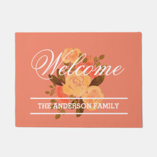 ADD NAME Beautiful Peach Floral Welcome Doormat