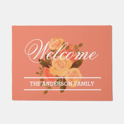 ADD NAME   Beautiful Peach Floral Welcome Doormat