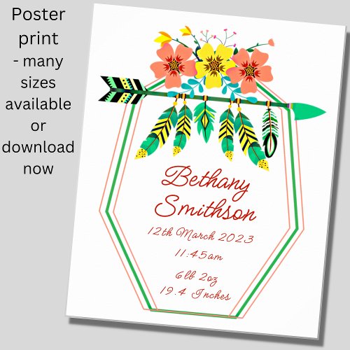 Add Name _ Birth Details Feathers Flowers Nursery Poster
