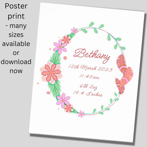 Add Name _ Birth Details Flowers Feathers Nursery Poster