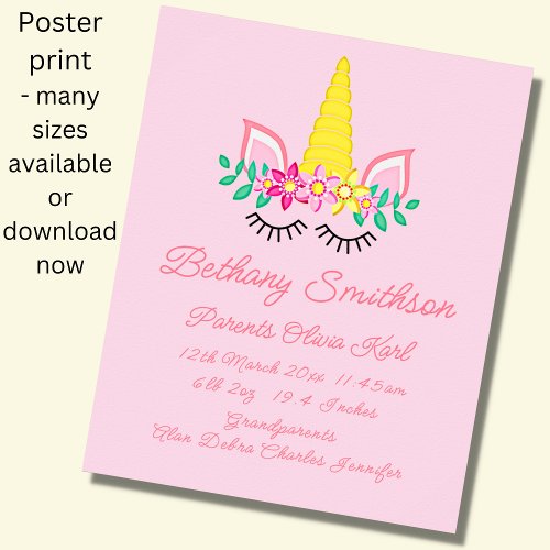 Add Name Birth Details Unicorn Eyes Pink Nursery Poster