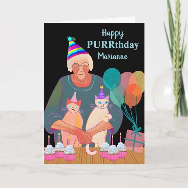 Add Name Birthday Cats with Party Hats Cupcakes Card (Front)