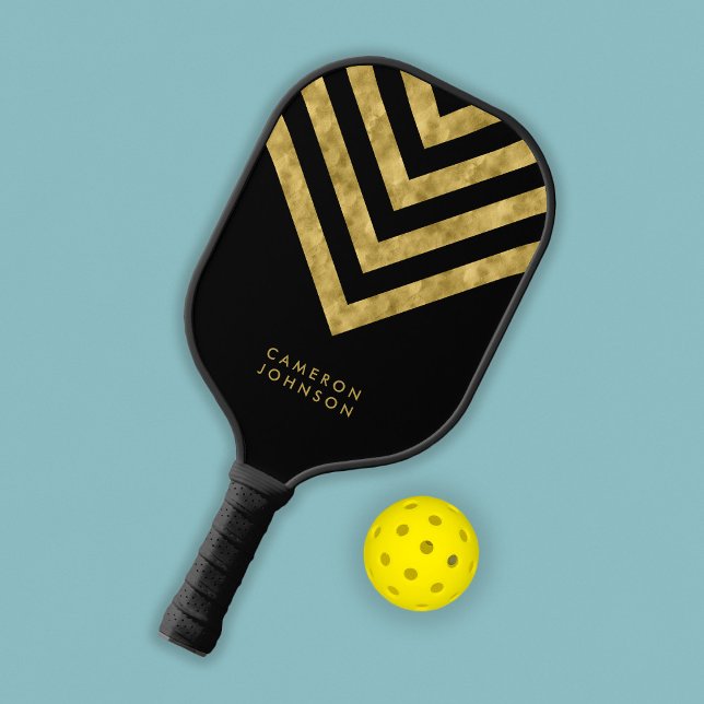 Add Name Black and Faux Gold Chevron Pickleball Paddle (Creator Uploaded)