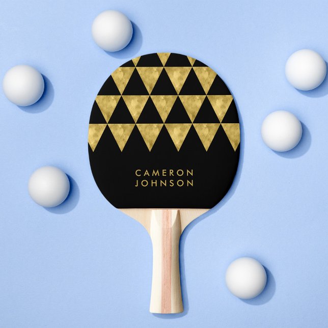 Add Name Black and Faux Gold Triangle Pattern Ping Pong Paddle (Creator Uploaded)