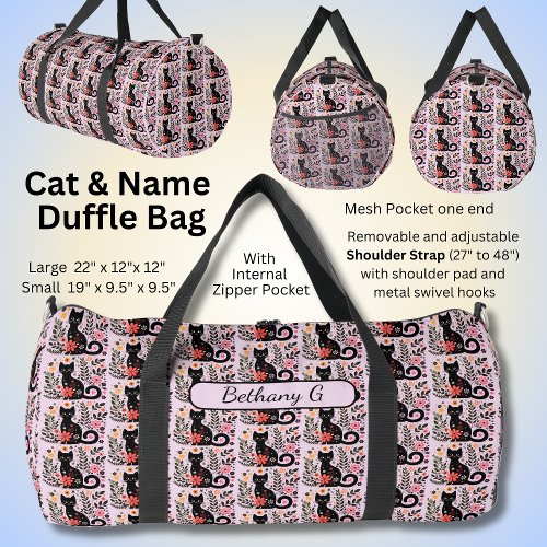 Add Name Black Cat  Flowers on Pink  Duffle Bag