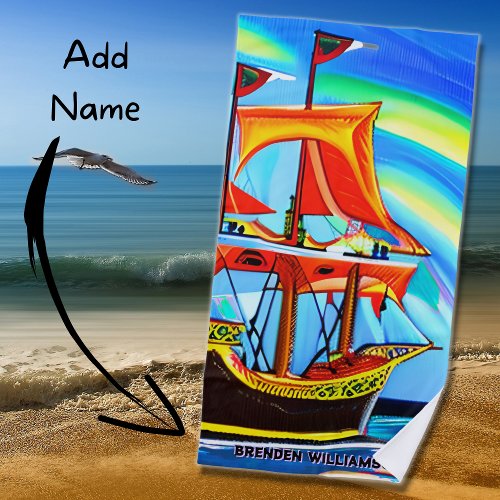 Add Name Black Gold Pirate Ship Red Orange Sails  Beach Towel
