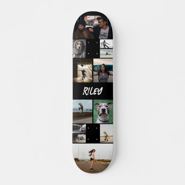 Add Name Black Photo Collage Template Skateboard (Front)