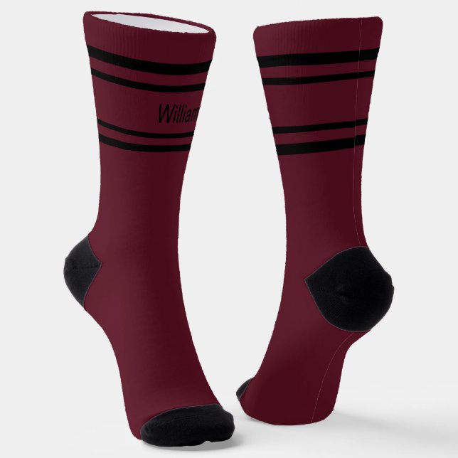 Add Name Black Stripes on Dark Red Socks (Angled)