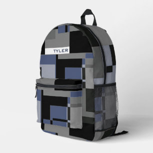 Add Name Blue And Grey Abstract Modern Minimal Men Printed Backpack