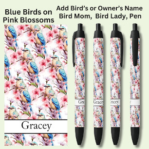 Add Name, Blue Birds on Pink Blossoms Pen