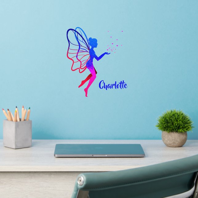 Add Name Blue Bright Pink Hand Painted Fairy Wall Decal (Home Office 2)