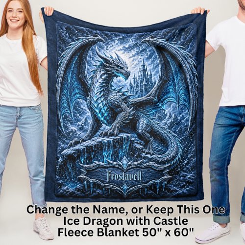 Add Name Blue Frost Dragon on Mountain with Castle Fleece Blanket