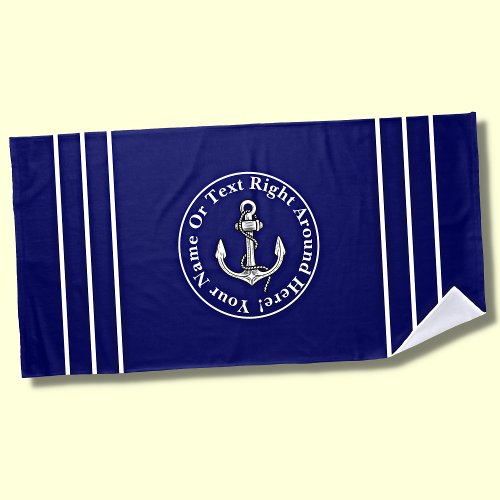 Add Name Blue White Nautical Anchor  Stripes Beach Towel