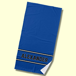 Add Name, Blue & White Nautical Stripes on Blue Beach Towel