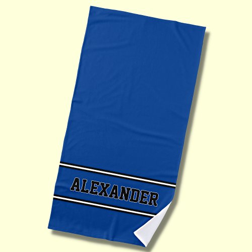 Add Name Blue  White Nautical Stripes on Blue Beach Towel