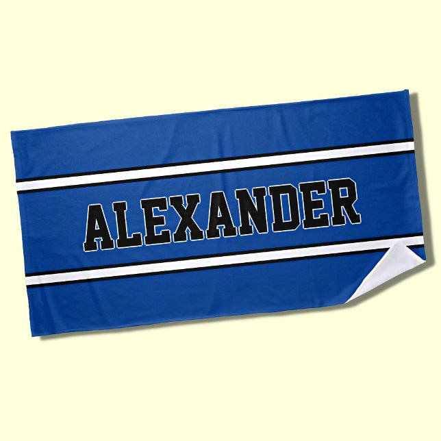 Add Name, Blue & White Nautical Stripes on Blue  Beach Towel (Creator Uploaded)
