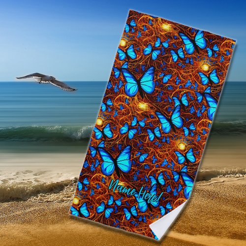 Add Name Bright Blue Butterflies on Golden Swirls Beach Towel