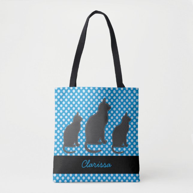 Add Name Bright Blue Polka Dot with Black Cats Tote Bag (Front)