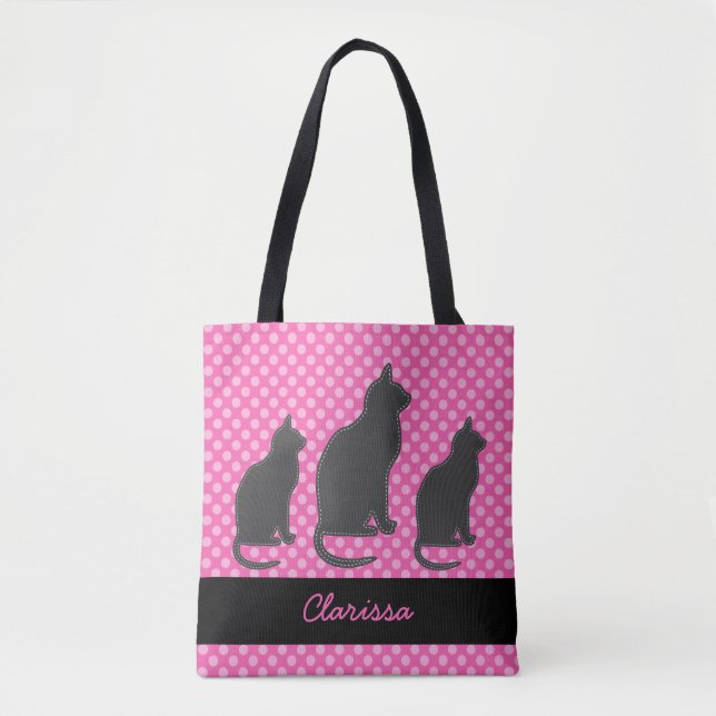 Add Name Bright Pink Polka Dot with Black Cats Tote Bag (Front)