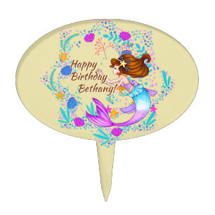 Add Name Brown Hair Mermaid Mauve on Cream Party  Cake Topper