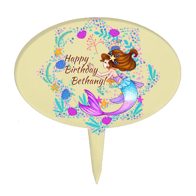 Add Name Brown Hair Mermaid Mauve on Cream Party  Cake Topper (Front)