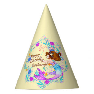 Add Name Brown Hair Mermaid Mauve on Cream Party  Hat