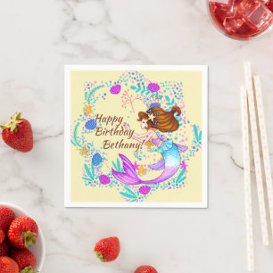 Add Name Brown Hair Mermaid Mauve on Cream Party  Napkins