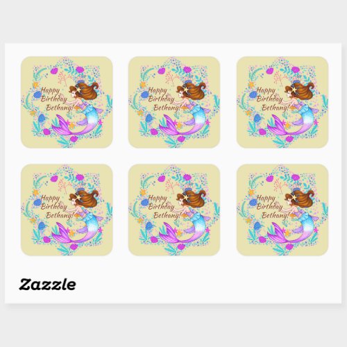 Add Name Brown Hair Mermaid Mauve on Cream Party  Square Sticker