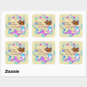 Add Name Brown Hair Mermaid Mauve on Cream Party  Square Sticker